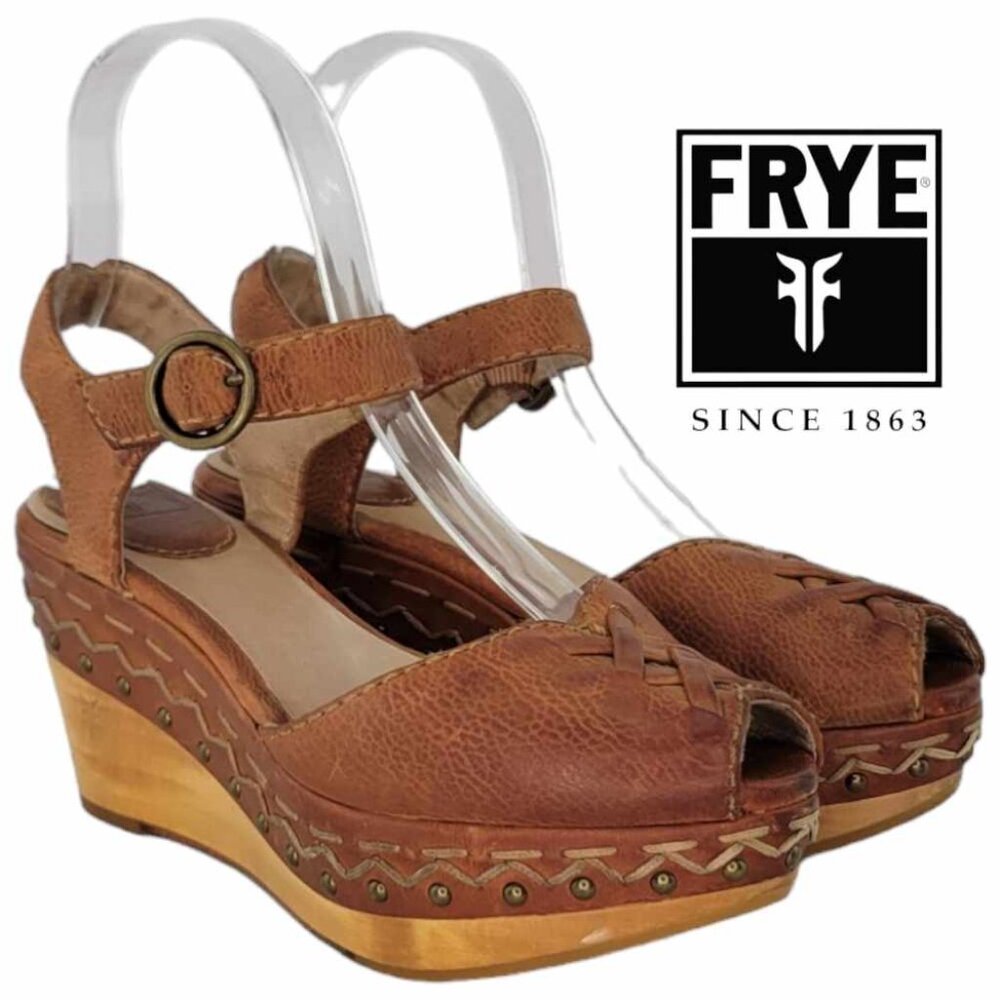 Frye Blair Lace Up Peep Toe Wedge, Platform Sandal Sz 5.5 - Cognac